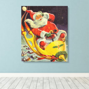 Lienzo Navidad Vintage, Santa Claus en una nave espacial