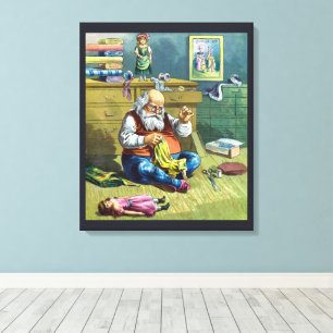 Lienzo Navidad Vintage, Santa Claus haciendo muñecas de j