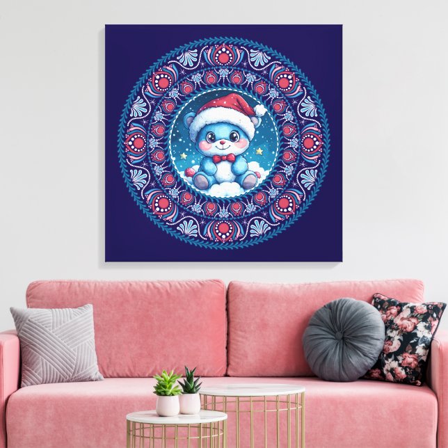 Lienzo Navidades azul lindo Kawaii Bear Dot Mandala Canva (Insitu (Sala de estar))