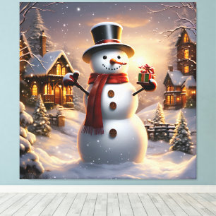 Lienzo Navidades burdos Snowman en el pueblo