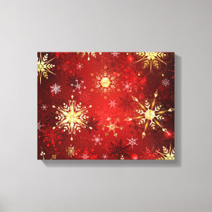 Lienzo Navidades Copos de nieve dorados con fondo rojo