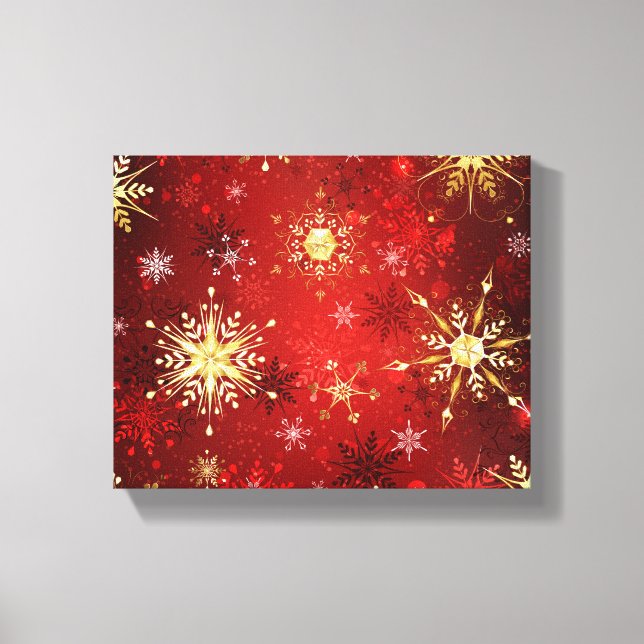 Lienzo Navidades Copos de nieve dorados con fondo rojo (Anverso)