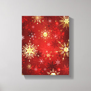 Lienzo Navidades Copos de nieve dorados con fondo rojo