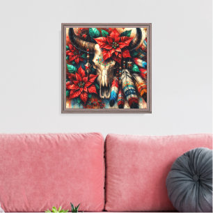 Lienzo Navidades Cow Bull Skull Poinsettias Feathers