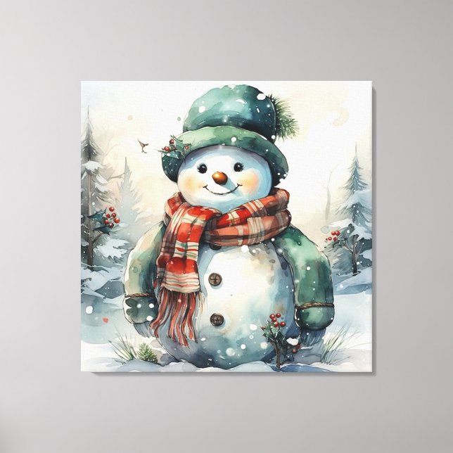 Lienzo Navidades Cute Watercolor Snowman (Anverso)