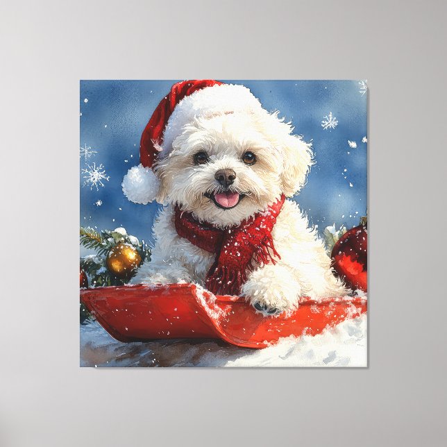 Lienzo Navidades de la niebla de Bichon Frise Dog en Sled (Anverso)