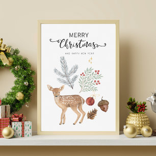 Lienzo Navidades de venado y botánico de acuarela rusa