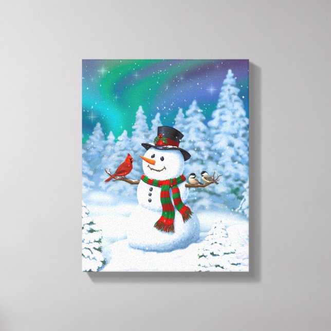 Lienzo Navidades felices Snowman y Birds Winter Scene (Anverso)