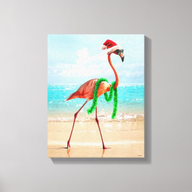Lienzo Navidades Flamingo en la playa (Anverso)