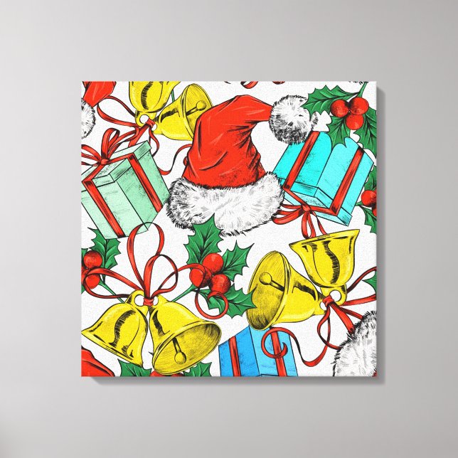 Lienzo Navidades Gorras, regalos y campanas (Anverso)