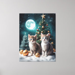 Lienzo Navidades mágicos ven con gatitos por árbol