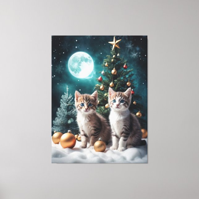 Lienzo Navidades mágicos ven con gatitos por árbol (Anverso)