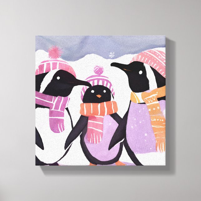 Lienzo Navidades Penguin Friends | Acuarela de invierno (Anverso)