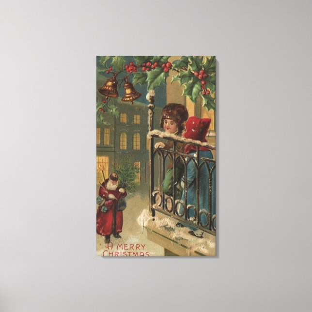 Lienzo Navidades saludando a los niños viendo Santa Claus (Anverso)
