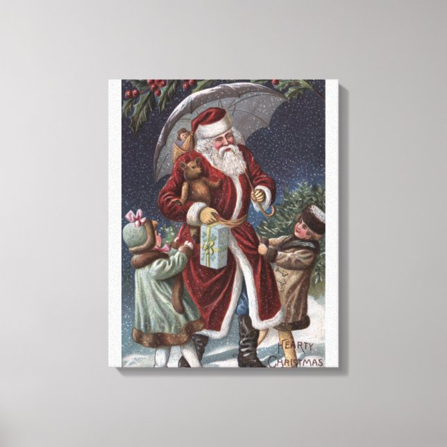 Lienzo Navidades saludando a Santa con paraguas (Anverso)
