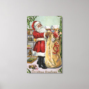 Lienzo Navidades saludando a Santa con un gran saco