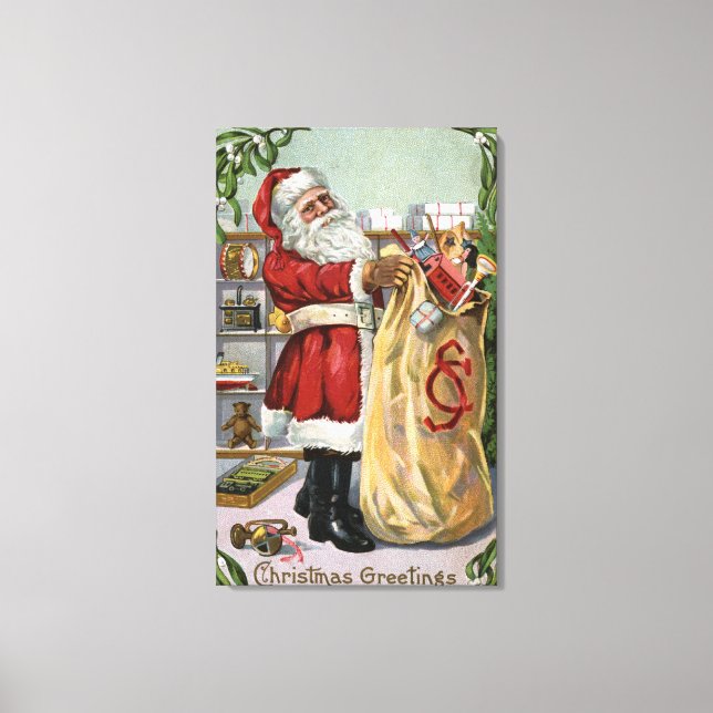 Lienzo Navidades saludando a Santa con un gran saco (Anverso)
