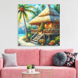 Lienzo Navidades Tropical Hut Palm Tree Beach Lights