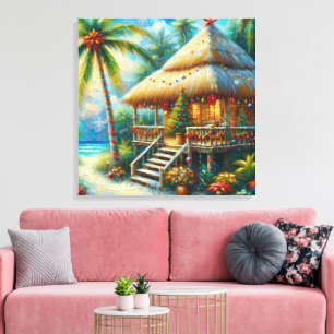 Lienzo Navidades Tropical Hut Palm Tree Beach Lights