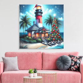 Lienzo Navidades tropicales caprichosos faro rojo Verde a