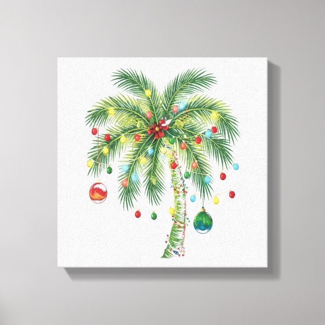 Lienzo Navidades tropicales Palm Tree con Luces y Ornam (Anverso)