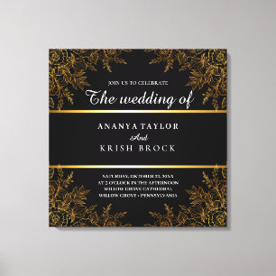 Lienzo Negro Glam y Floral Dorado, Boda