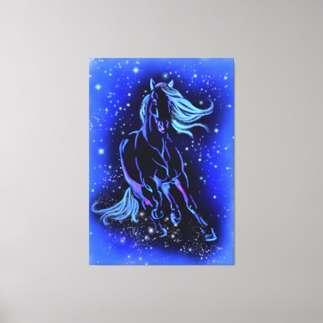 Lienzo Neon Blue Horse Running Canvas Print - Painting (Anverso)