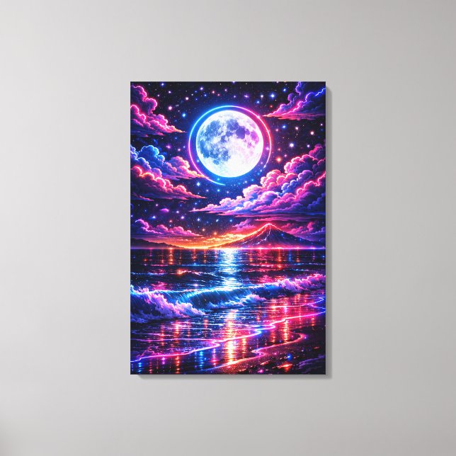 Lienzo Neon Moonlit Ocean – Cosmic Night Seascape Art (Anverso)