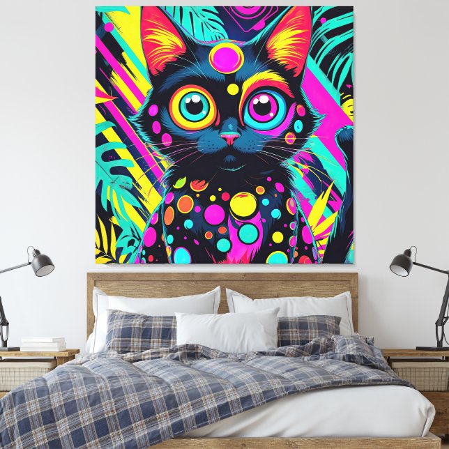 Lienzo ✨ Neon Psychedelic Cat – Pop Art Design 🎨🐱 (Insitu(Dormitorio))