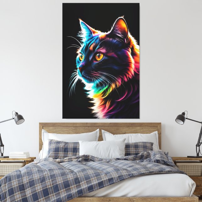 Lienzo Neon Rainbow Cat Portrait – Modern Colorful (Insitu(Dormitorio))