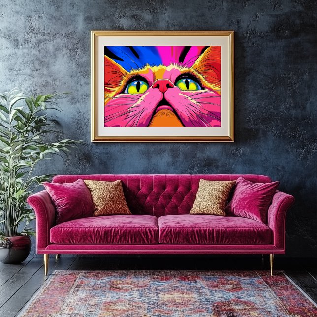 Lienzo Neon Whiskers: La visión de un gato vivo (Ginormous Cat Looking Up - Psychedelic Art)