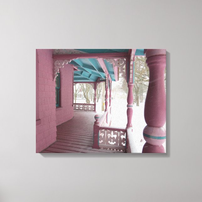 Lienzo Nevada de invierno en un porche rosado - Viñedo de (Anverso)