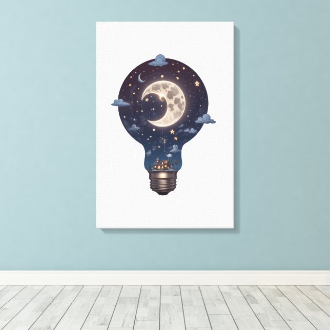 Lienzo Night Sky and Cottage Inside a Lightbulb (Insitu (piso de madera))