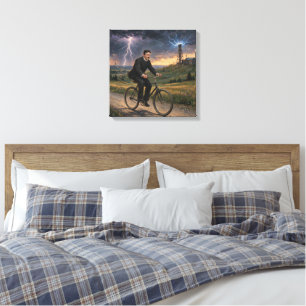Lienzo Nikola Tesla montando bicicleta hacia su laborator