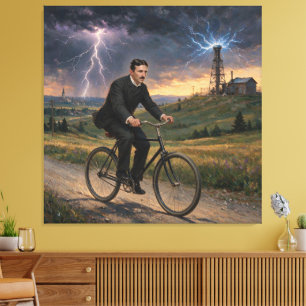 Lienzo Nikola Tesla montando bicicleta hacia su laborator