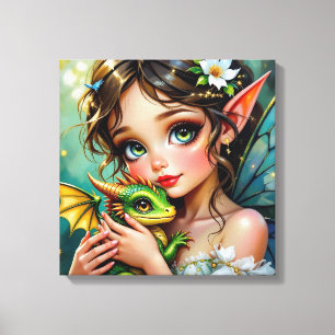 Lienzo Niña bonita con tema de hada y dragón  