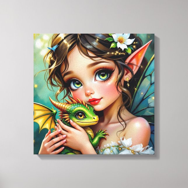 Lienzo Niña bonita con tema de hada y dragón   (Anverso)