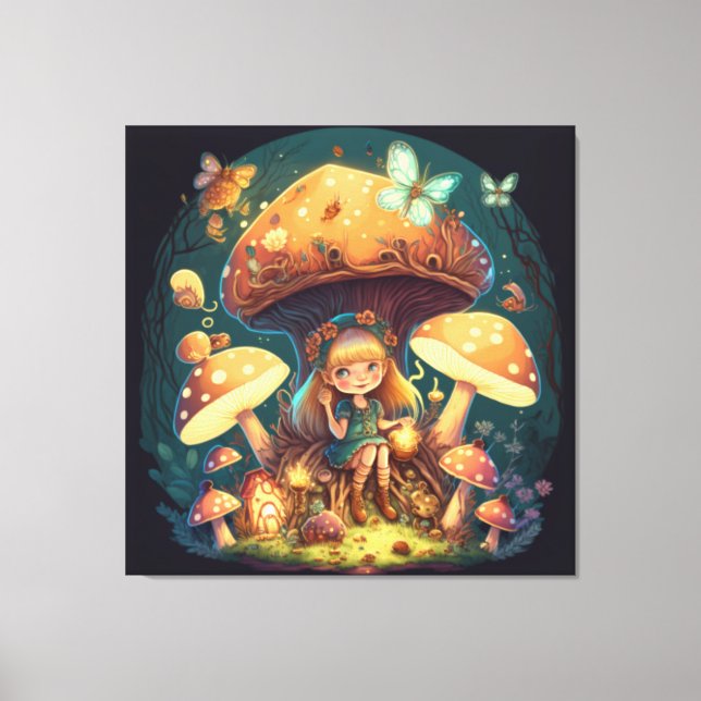 Lienzo Niña eleva entre hongos (Anverso)