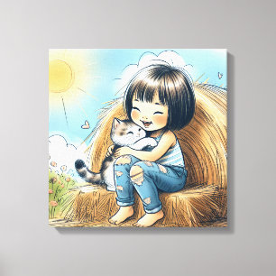 Lienzo Niña en pacas de heno