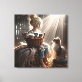 Lienzo Niña pequeña con cesta de gatitos