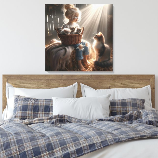 Lienzo Niña pequeña con cesta de gatitos (Insitu(Dormitorio))