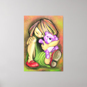 Lienzo Niña pequeña con tela de oso de juguete