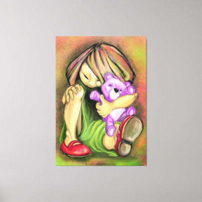 Lienzo Niña pequeña con tela de oso de juguete (Anverso)