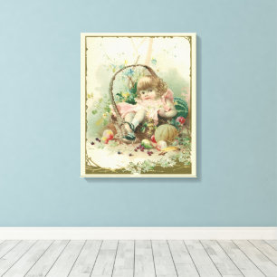 Lienzo Niña Victoriana Antigua, Cesta de Frutas de Primav