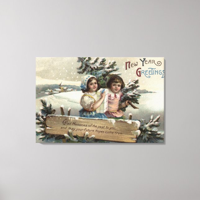 Lienzo Niñas pequeñas sosteniendo un regalo y un árbol (Anverso)