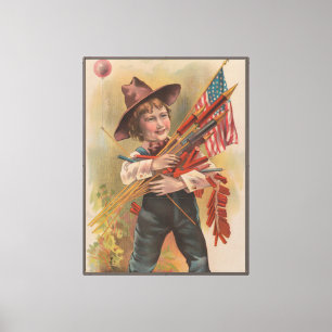 Lienzo Niño con Fuegos Artificiales, Bandera Americana, I