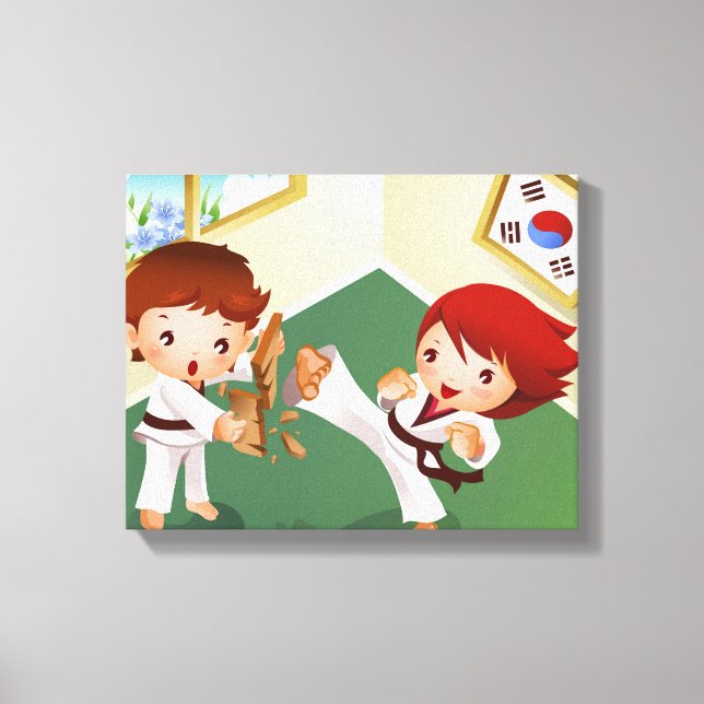 Lienzo Niño de karate sosteniendo madera con otra que la  (Anverso)