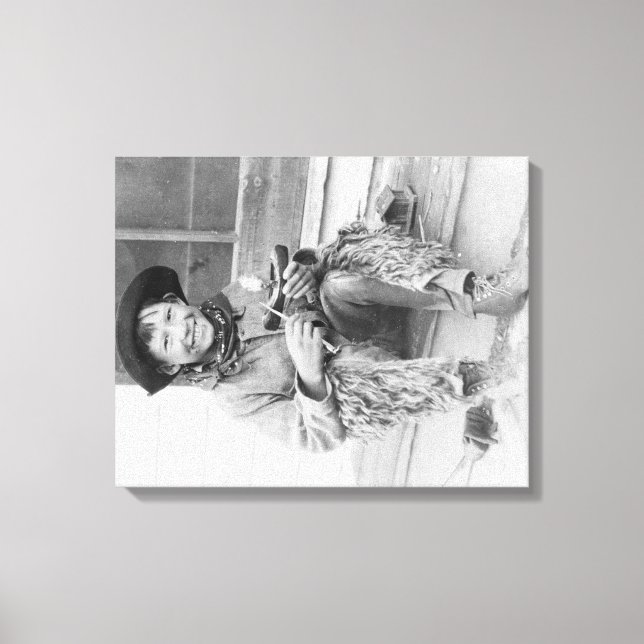 Lienzo Niño vestido de vaquero con juguetes (Anverso)