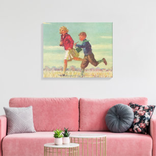 Lienzo Niños antiguos corriendo a la escuela llevando lib