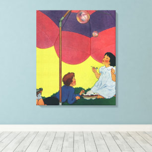 Lienzo Niños antiguos soplando burbujas bajo un paraguas